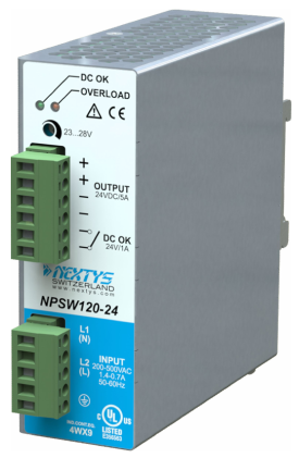 Nextys NPSW120-24  480vac 120w 5A 24vdc DIN Mount Power Supply